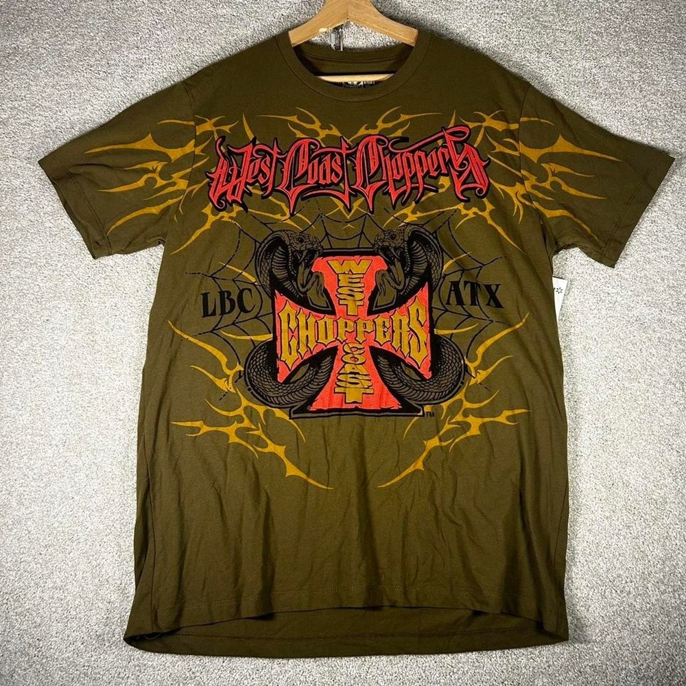 Y2K West Coast Choppers olive green all over print grunge skater t-shirt XL